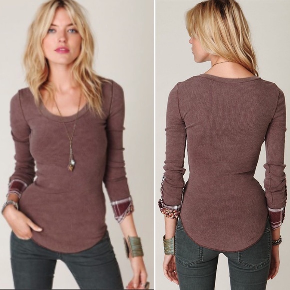 Free People Tops - Free People Lou Flannel Cuff Waffle Thermal Brown